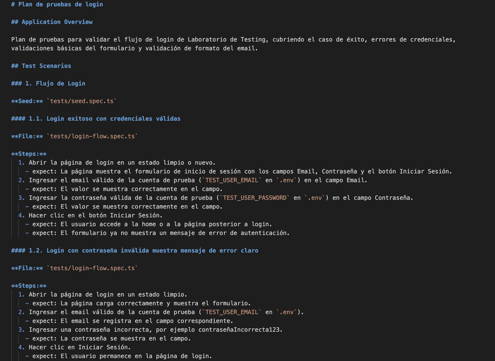 Login test plan with scenarios, steps, and expected results