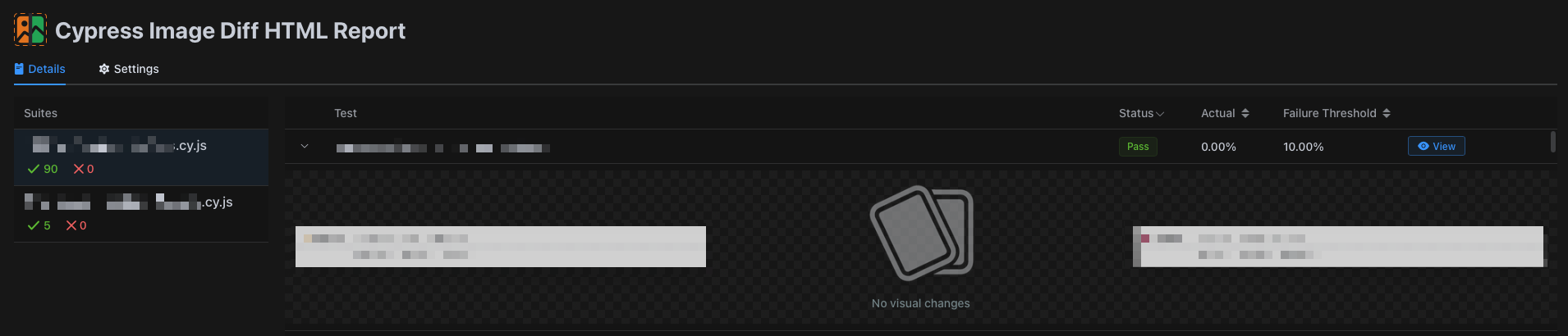 Cypress Image Diff report showing visual comparisons across responsive views